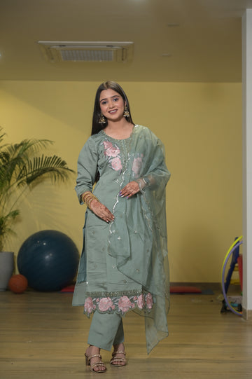 Fancy 3-Piece Silk Suit with Stylish Dupatta GNB-12