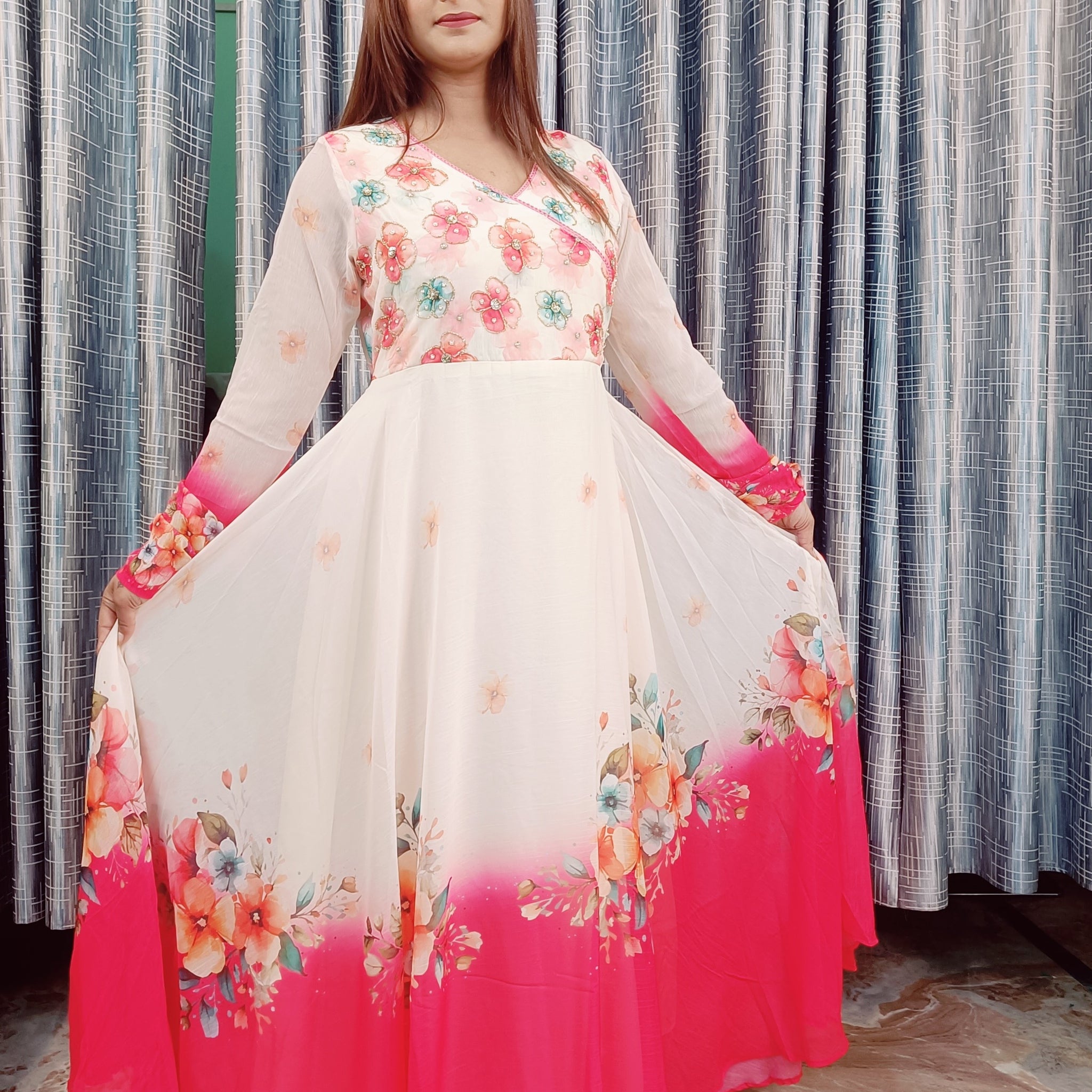 Chiffon Suit with Hand Embroidery – Pink &amp; White mix GNC-16