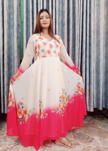 Chiffon Suit with Hand Embroidery – Pink &amp; White mix GNC-16