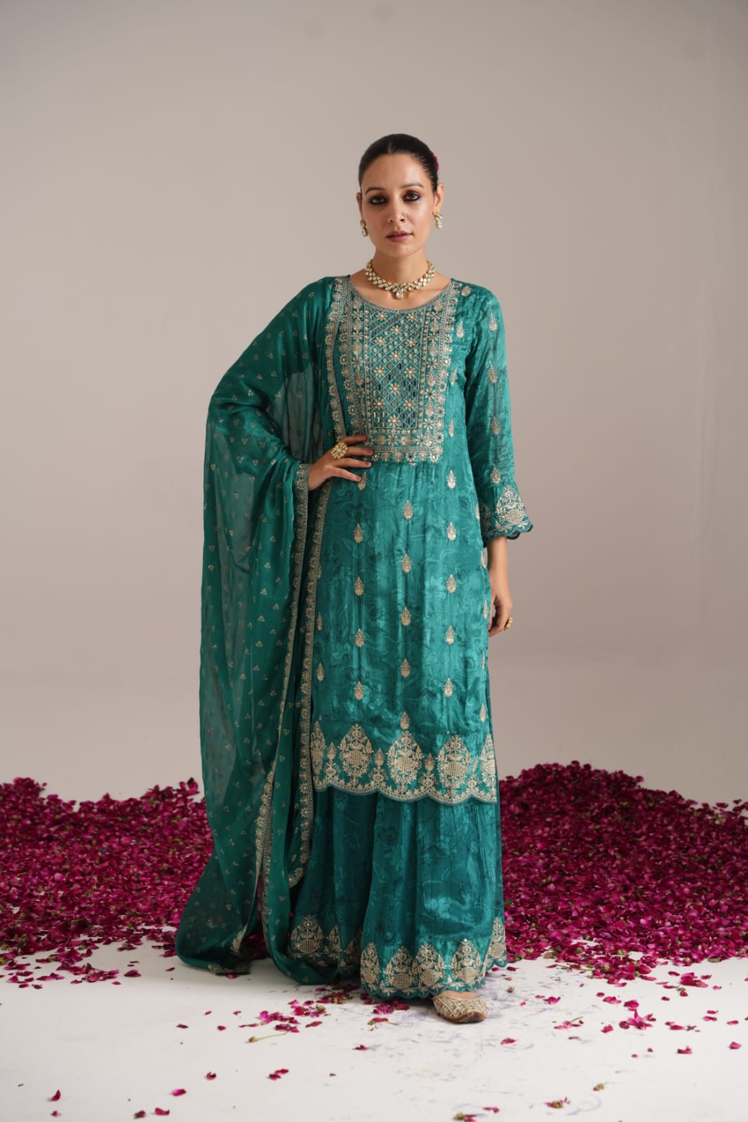 Crepe Silk Garara Suit in Peacock Green with Fancy Dupatta GNC06
